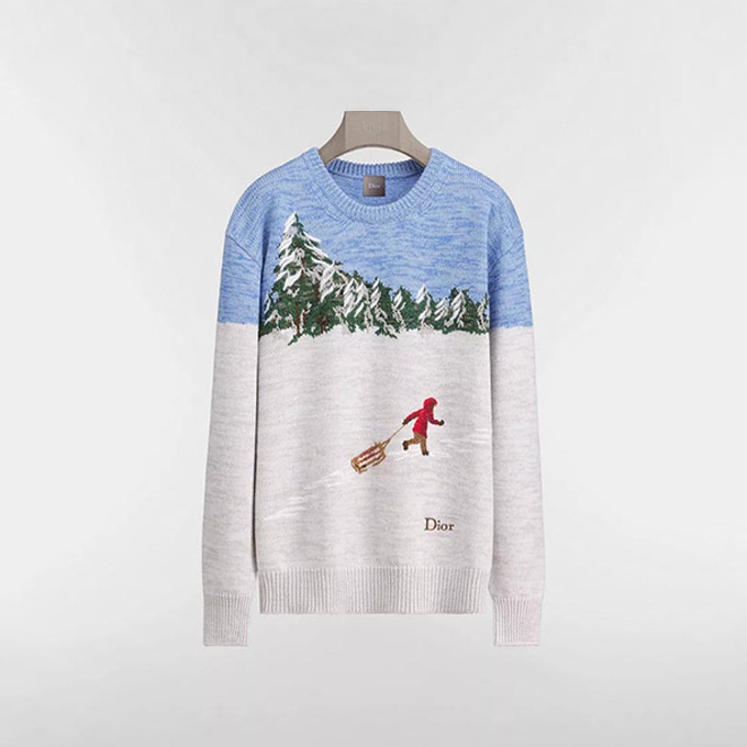 dior ski scene embroidery crew neck long sleeve sweater